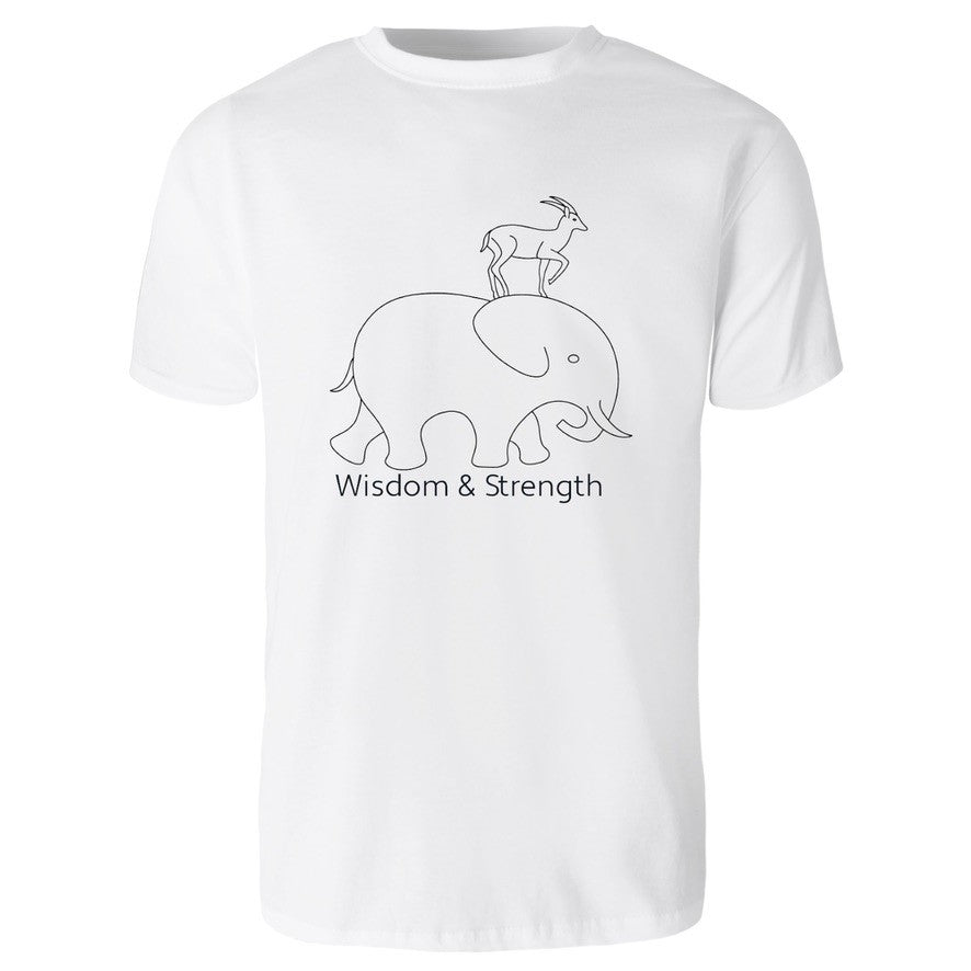 White classic unisex short sleeves cotton t-shirt proudly stamped in front with the Ga totem - which depicts how the wisdom of the deer helped it to climb on the back of the elephant